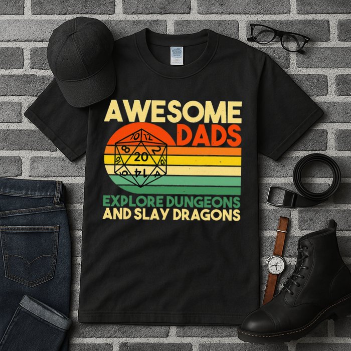 Awesome Dads Explore Dungeons Dm Rpg Dice Dragon Tall T-Shirt