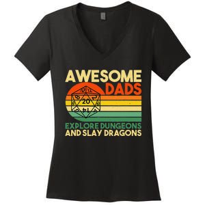 Awesome Dads Explore Dungeons Dm Rpg Dice Dragon Women's V-Neck T-Shirt