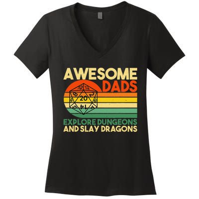 Awesome Dads Explore Dungeons Dm Rpg Dice Dragon Women's V-Neck T-Shirt