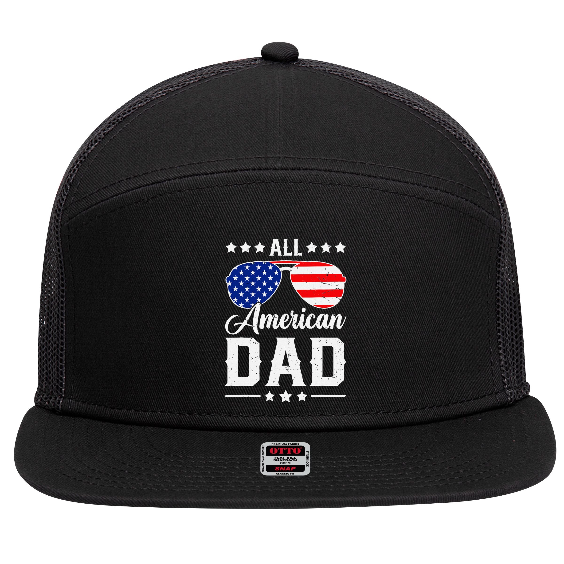 Allamerican Dad Funny Patriotic 4th Of July 7 Panel Mesh Trucker Snapback Hat
