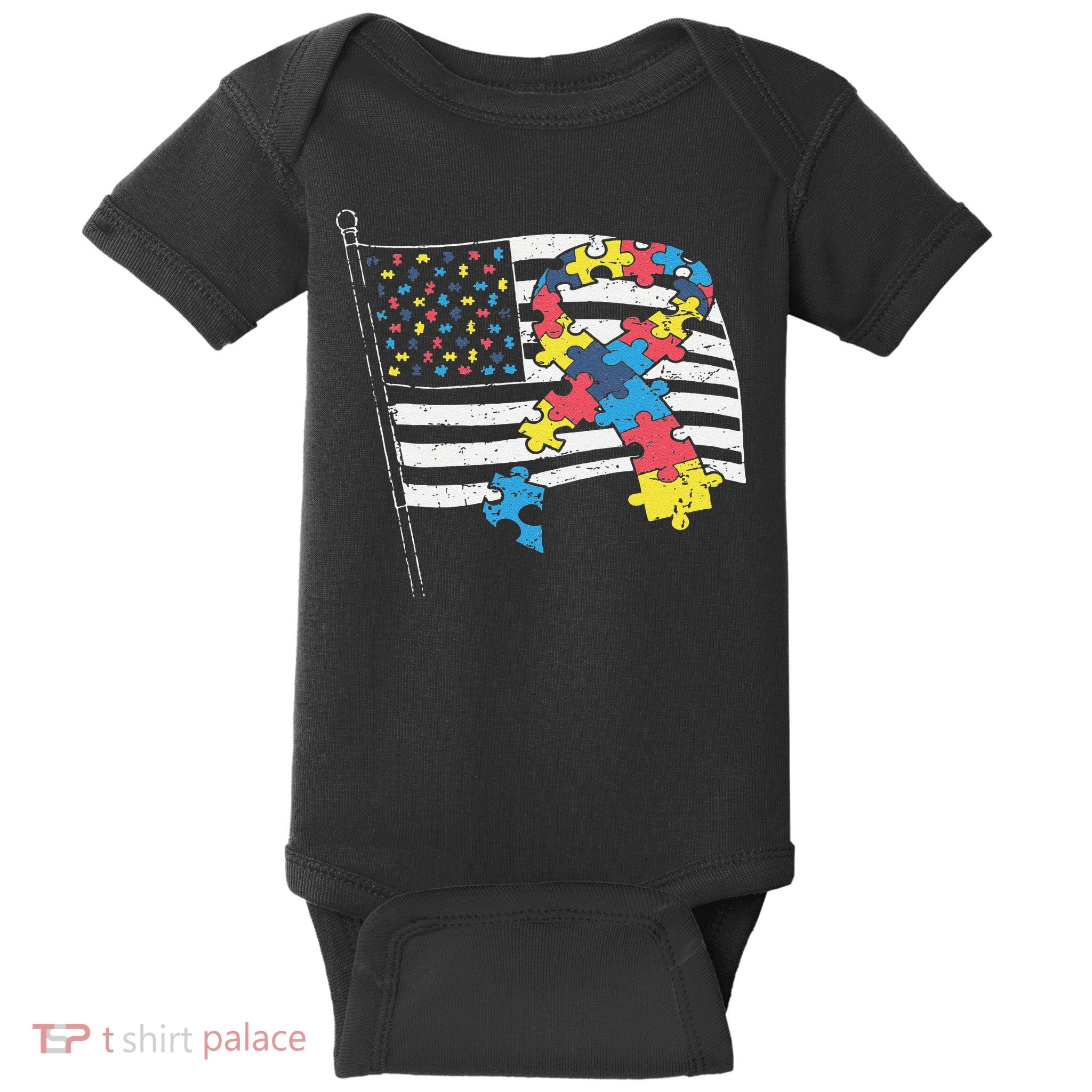 American Distressed Flag Autism Awareness Baby Bodysuit