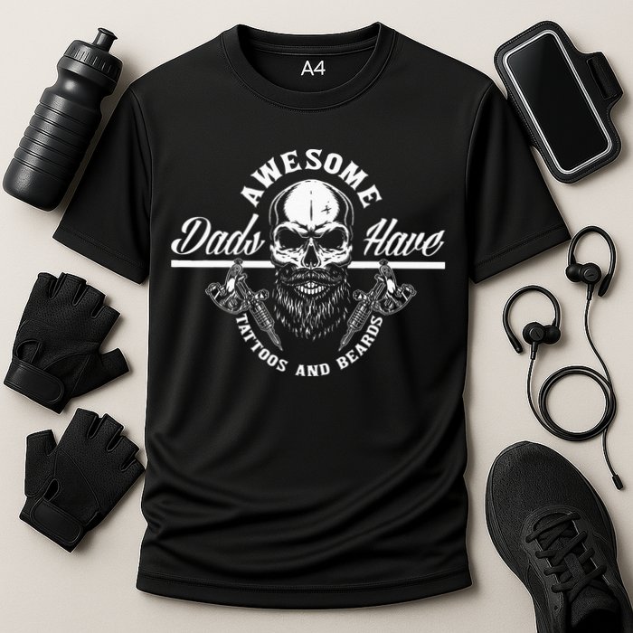 Awesome Dads Have Tattoos And Beards Funny Father Dad Cooling Performance Crew T-Shirt