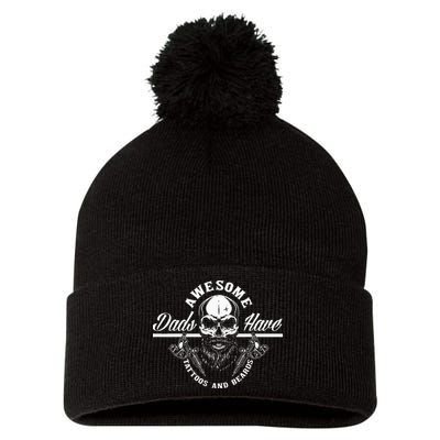 Awesome Dads Have Tattoos And Beards Funny Father Dad Pom Pom 12in Knit Beanie