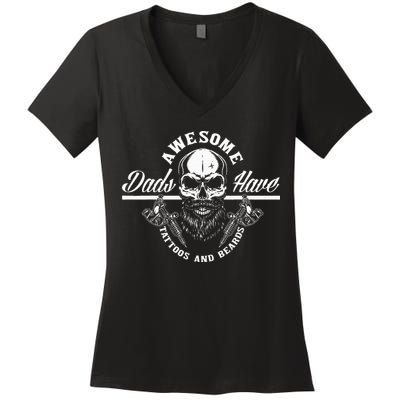 Awesome Dads Have Tattoos And Beards Funny Father Dad Women's V-Neck T-Shirt