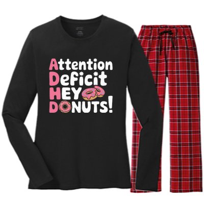 Attention Deficit Hey Donuts Adhd Focus Puns Women's Long Sleeve Flannel Pajama Set 