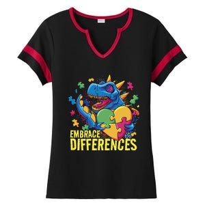 Autism Dinosaur Holding Puzzle Heart Ladies Halftime Notch Neck Tee