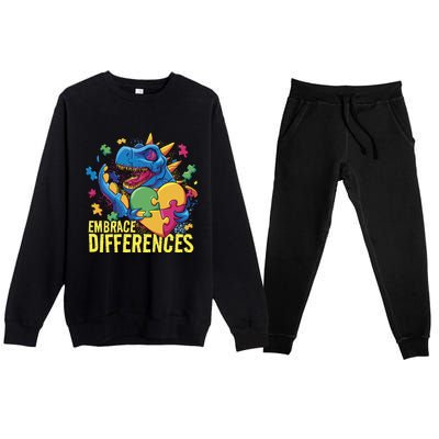 Autism Dinosaur Holding Puzzle Heart Premium Crewneck Sweatsuit Set