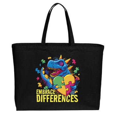 Autism Dinosaur Holding Puzzle Heart Cotton Canvas Jumbo Tote