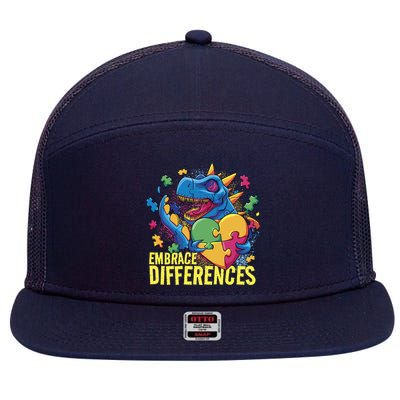 Autism Dinosaur Holding Puzzle Heart 7 Panel Mesh Trucker Snapback Hat
