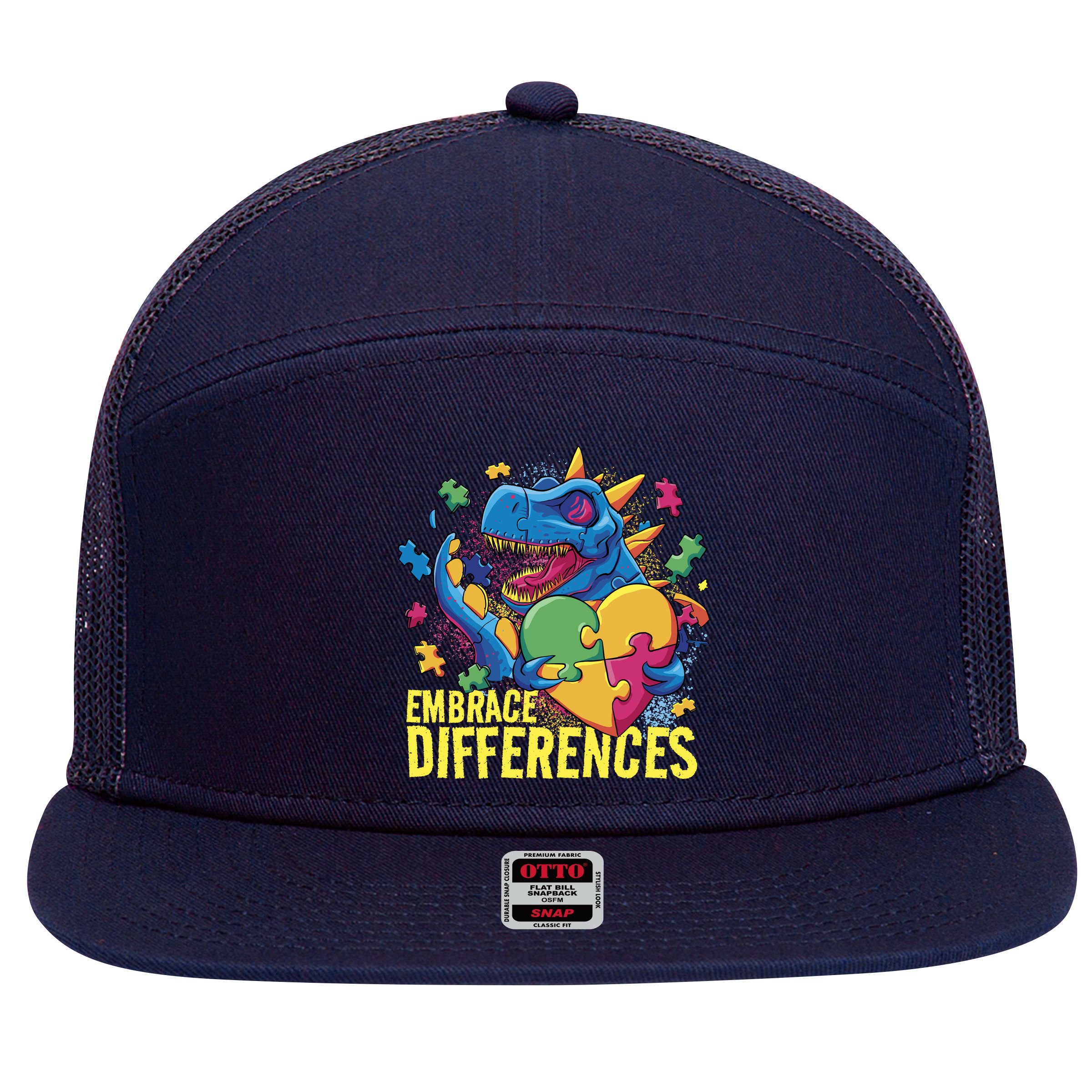 Autism Dinosaur Holding Puzzle Heart 7 Panel Mesh Trucker Snapback Hat