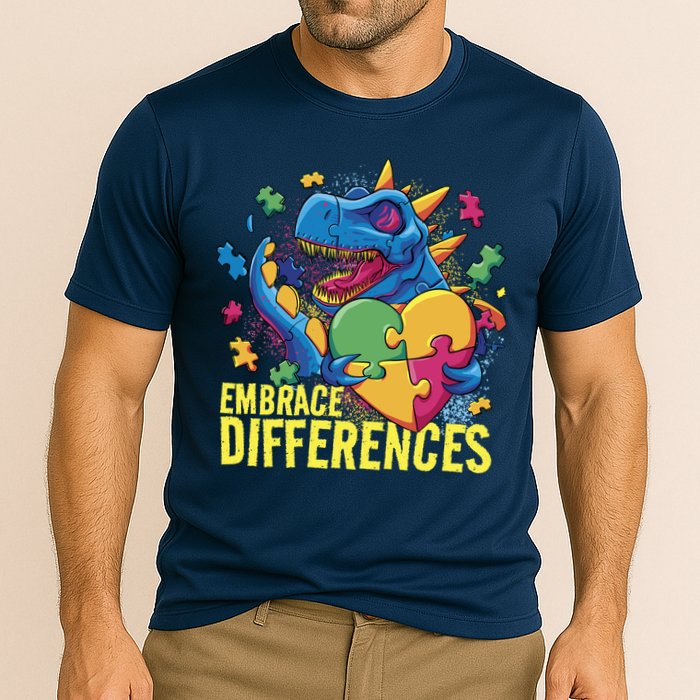 Autism Dinosaur Holding Puzzle Heart Cooling Performance Crew T-Shirt