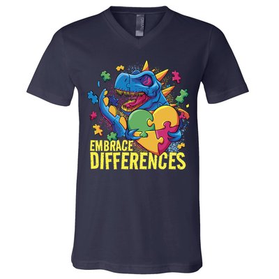 Autism Dinosaur Holding Puzzle Heart V-Neck T-Shirt