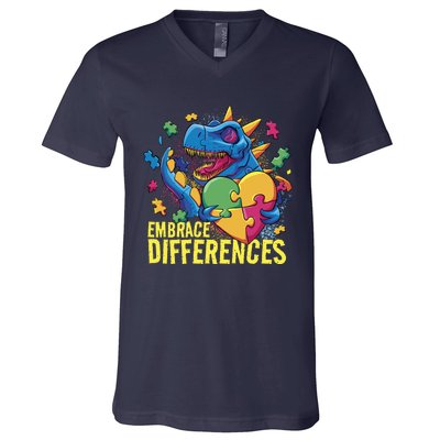 Autism Dinosaur Holding Puzzle Heart V-Neck T-Shirt