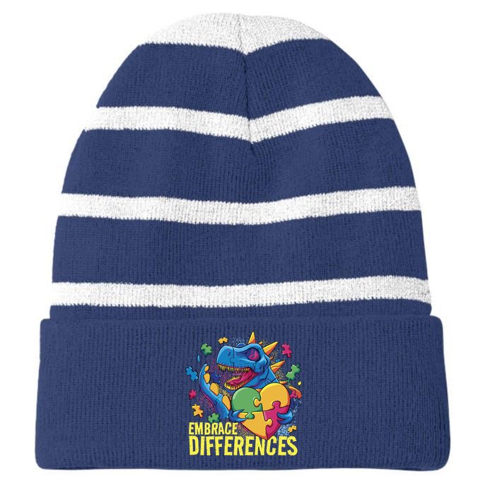 Autism Dinosaur Holding Puzzle Heart Striped Beanie with Solid Band