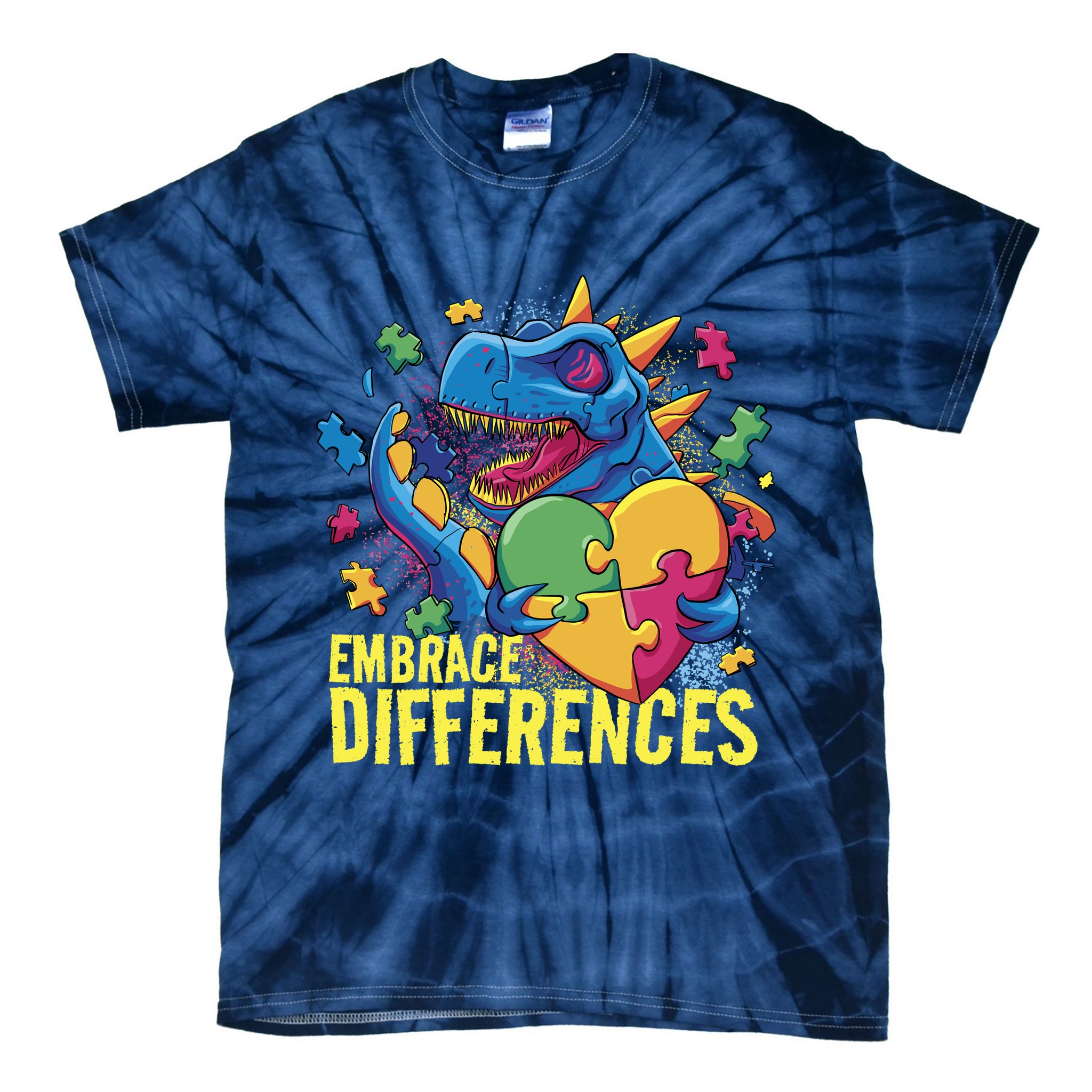 Autism Dinosaur Holding Puzzle Heart Tie-Dye T-Shirt