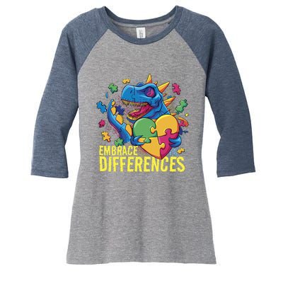 Autism Dinosaur Holding Puzzle Heart Women's Tri-Blend 3/4-Sleeve Raglan Shirt