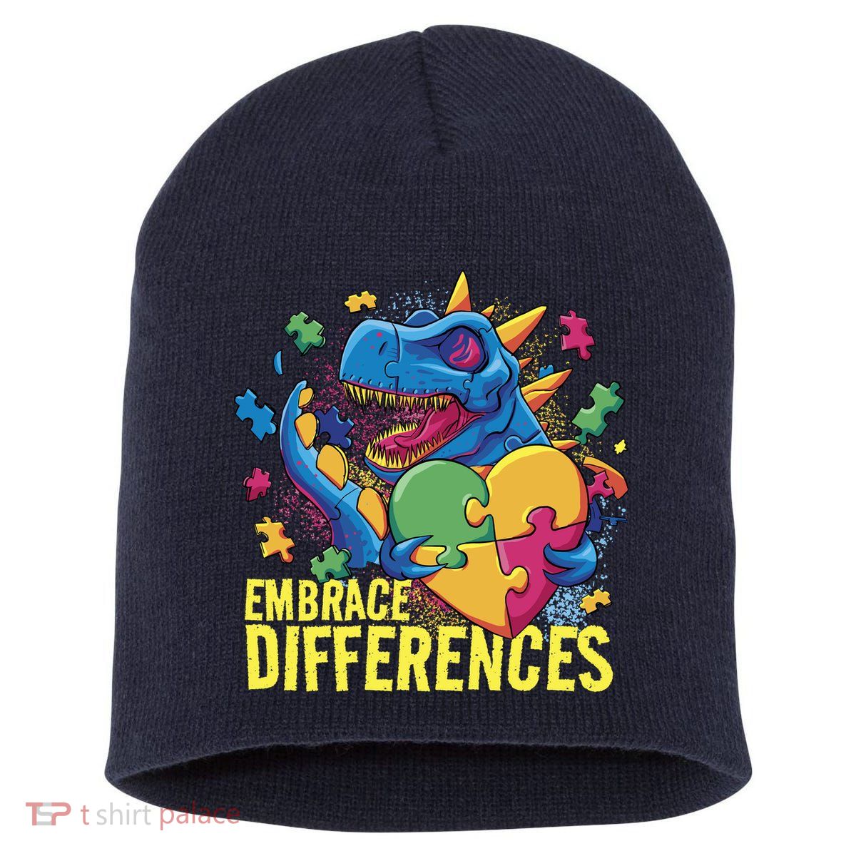 Autism Dinosaur Holding Puzzle Heart Short Acrylic Beanie