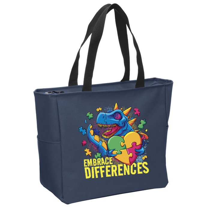 Autism Dinosaur Holding Puzzle Heart Zip Tote Bag