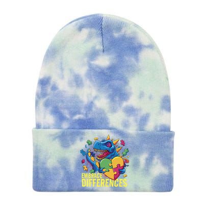 Autism Dinosaur Holding Puzzle Heart Tie Dye 12in Knit Beanie