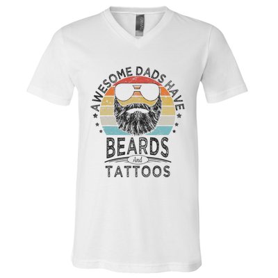 Awesome Dads Have Beards And Tattoos Funny Bearded Dad V-Neck T-Shirt