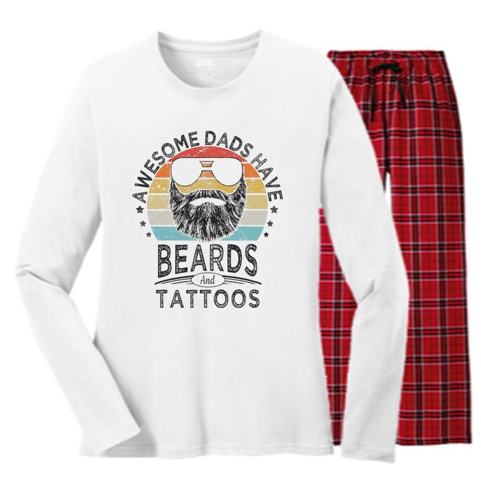 Awesome Dads Have Beards And Tattoos Funny Bearded Dad Women's Long Sleeve Flannel Pajama Set 