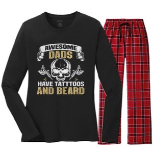 Awesome Dads Have Tattoos and Beards Skull Women's Long Sleeve Flannel Pajama Set 