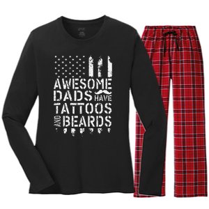 Awesome Dads Have Tattoos And Beards US Flag Father's Day Women's Long Sleeve Flannel Pajama Set 