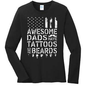 Awesome Dads Have Tattoos And Beards US Flag Father's Day Ladies Long Sleeve Shirt