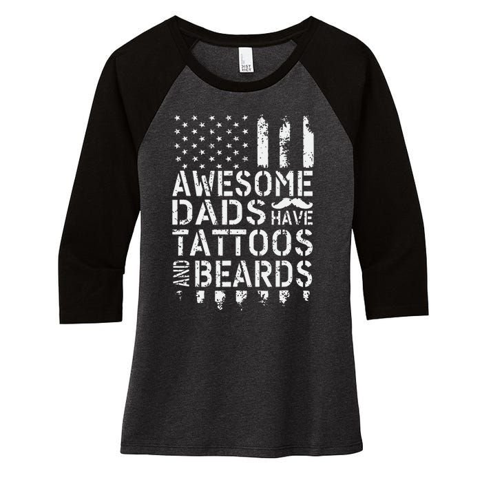 Awesome Dads Have Tattoos And Beards US Flag Father's Day Women's Tri-Blend 3/4-Sleeve Raglan Shirt