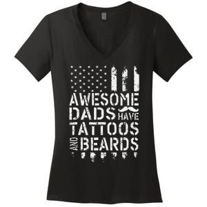 Awesome Dads Have Tattoos And Beards US Flag Father's Day Women's V-Neck T-Shirt