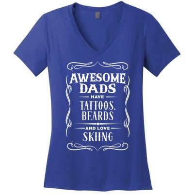 Awesome Dads Have Tattoos Beards And Love Skiing Dads Retro Gift Women's V-Neck T-Shirt