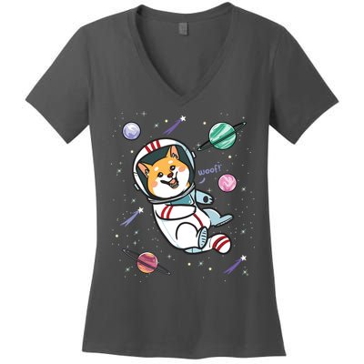 Astronaut Dog In Space Shiba Inu Akita Boy Girl Cosmonaut Women's V-Neck T-Shirt