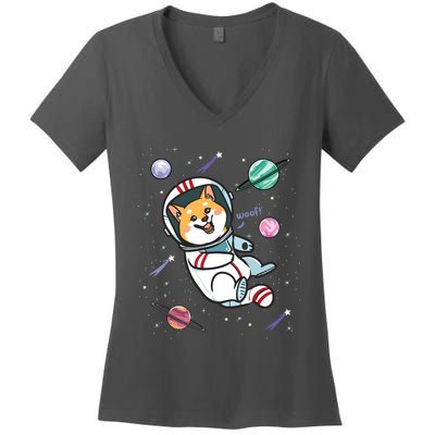 Astronaut Dog In Space Shiba Inu Akita Boy Girl Cosmonaut Women's V-Neck T-Shirt