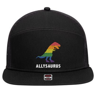 Allysaurus Dinosaur In Rainbow Flag For Ally LGBT Pride 7 Panel Mesh Trucker Snapback Hat