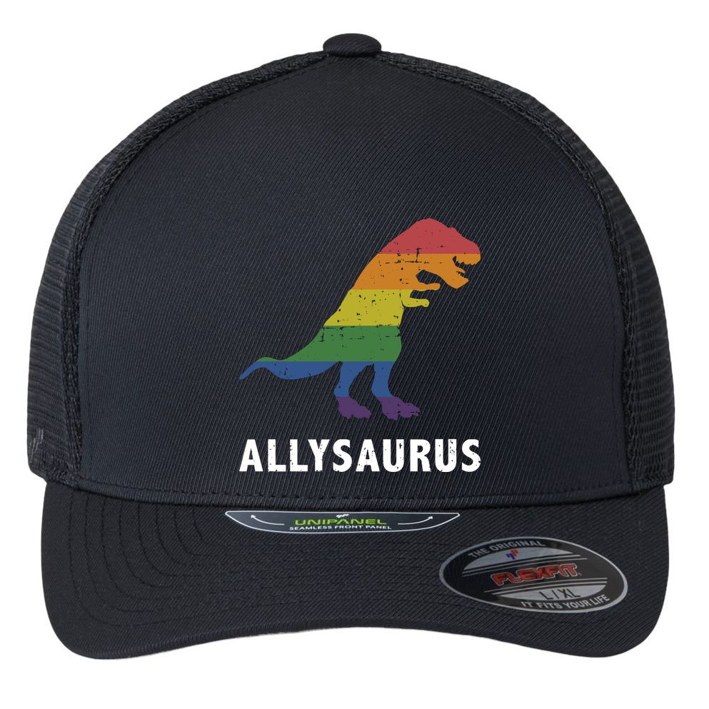 Allysaurus Dinosaur In Rainbow Flag For Ally LGBT Pride Flexfit Unipanel Trucker Cap