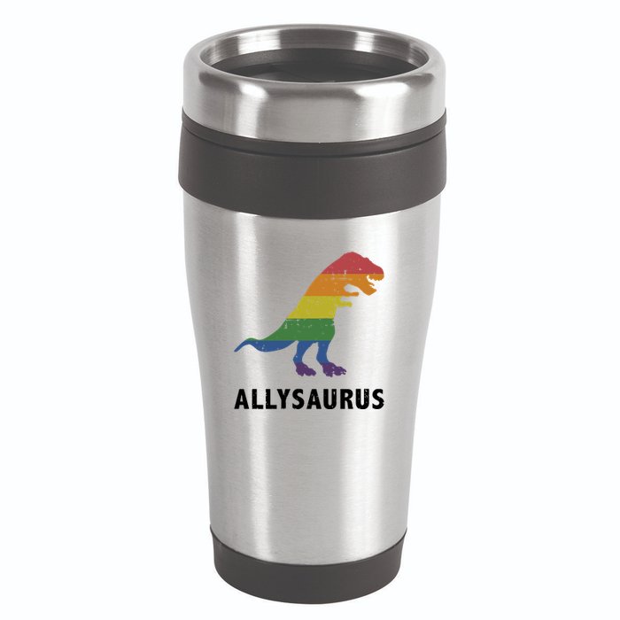 Allysaurus Dinosaur In Rainbow Flag For Ally LGBT Pride 16oz Travel Tumbler