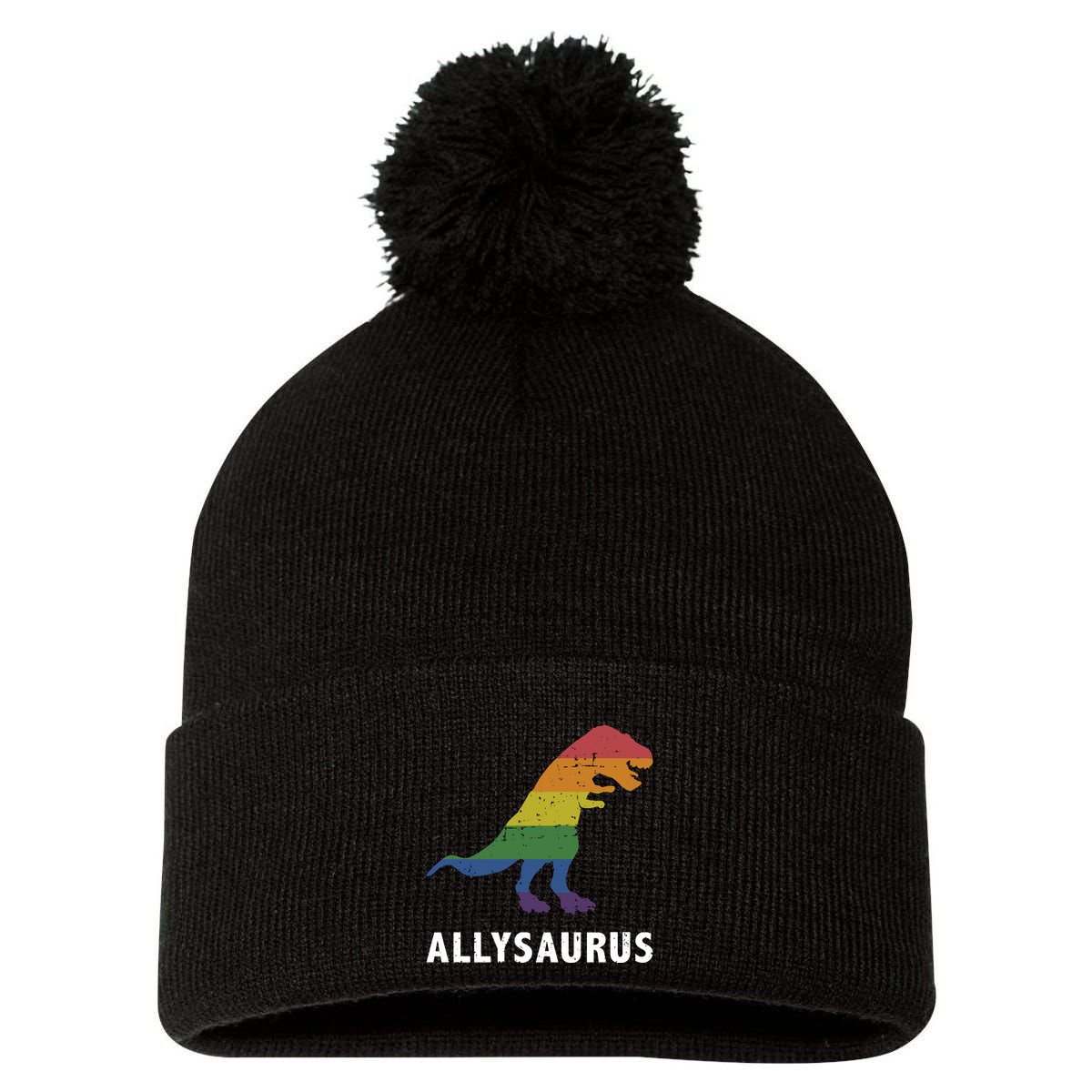 Allysaurus Dinosaur In Rainbow Flag For Ally LGBT Pride Pom Pom 12in Knit Beanie