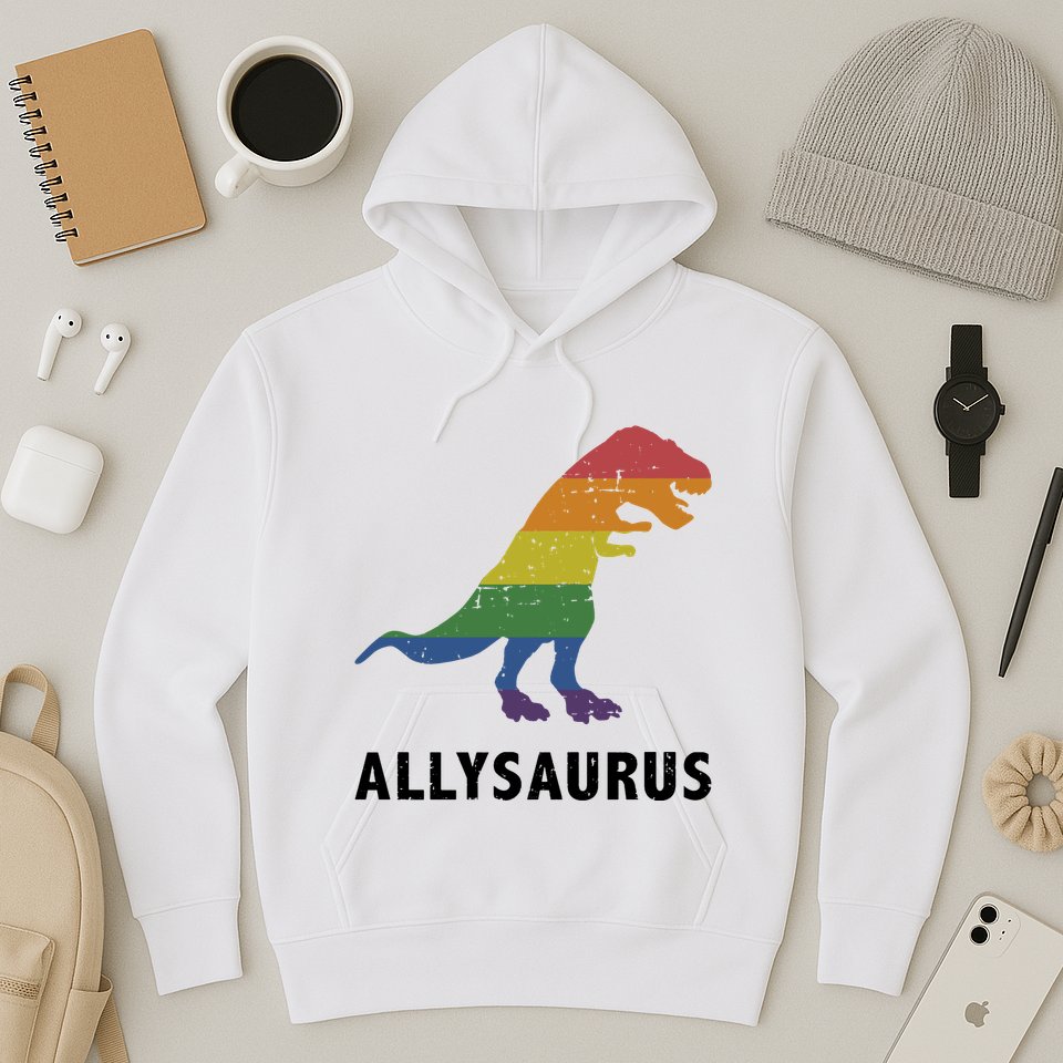 Allysaurus Dinosaur In Rainbow Flag For Ally LGBT Pride Hoodie