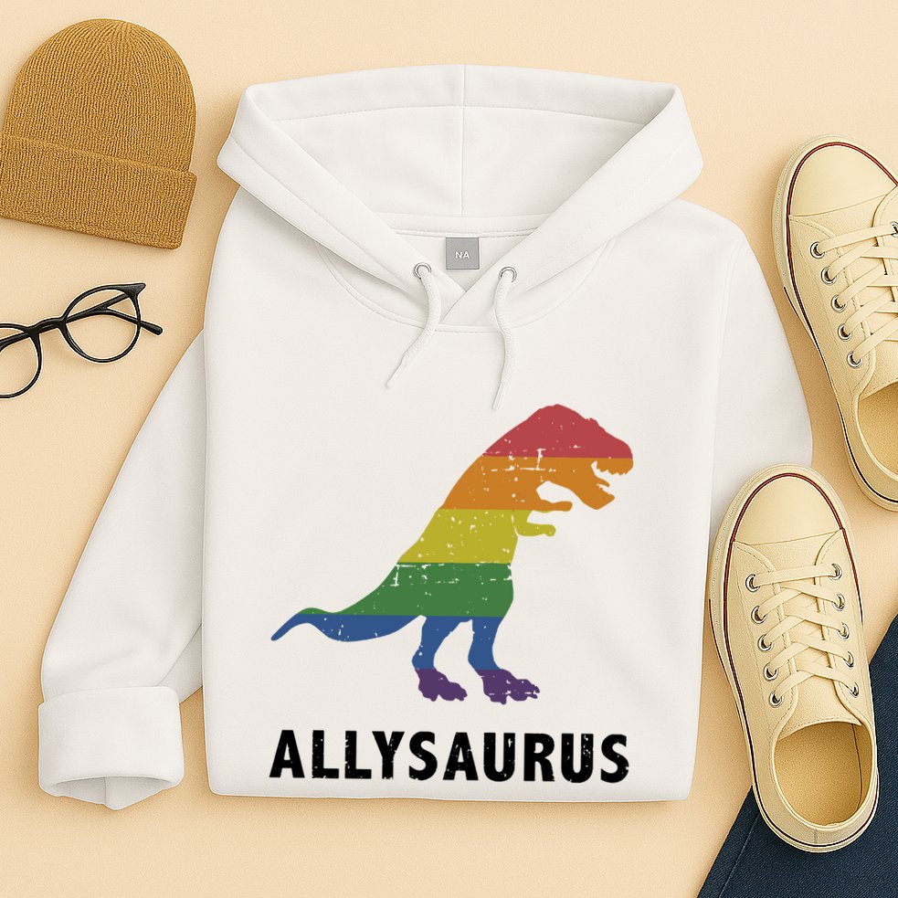 Allysaurus Dinosaur In Rainbow Flag For Ally LGBT Pride Hoodie