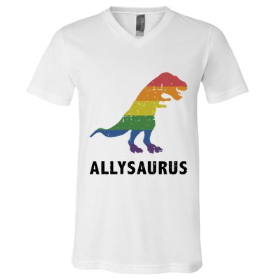 Allysaurus Dinosaur In Rainbow Flag For Ally LGBT Pride V-Neck T-Shirt