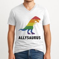 Allysaurus Dinosaur In Rainbow Flag For Ally LGBT Pride V-Neck T-Shirt