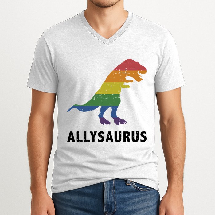 Allysaurus Dinosaur In Rainbow Flag For Ally LGBT Pride V-Neck T-Shirt