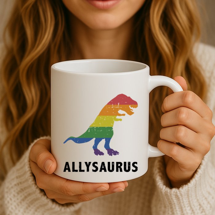 Allysaurus Dinosaur In Rainbow Flag For Ally LGBT Pride Mug