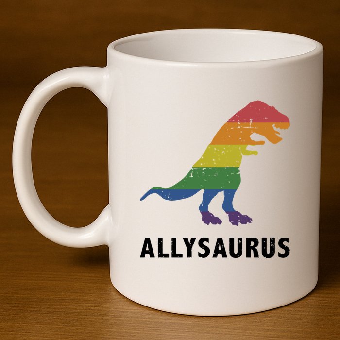 Allysaurus Dinosaur In Rainbow Flag For Ally LGBT Pride 11oz C Handle Ceramic Mug