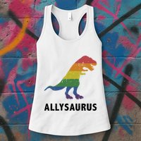 Allysaurus Dinosaur In Rainbow Flag For Ally LGBT Pride Womens Tank Top