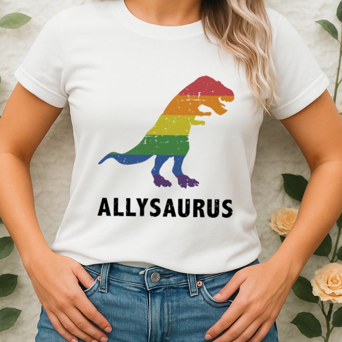 Allysaurus Dinosaur In Rainbow Flag For Ally LGBT Pride Womens T-Shirt