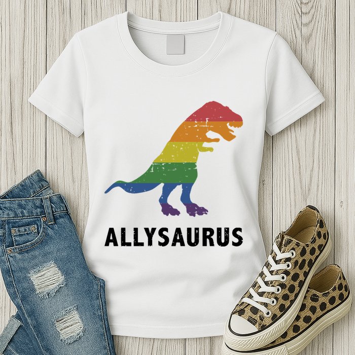 Allysaurus Dinosaur In Rainbow Flag For Ally LGBT Pride Womens T-Shirt