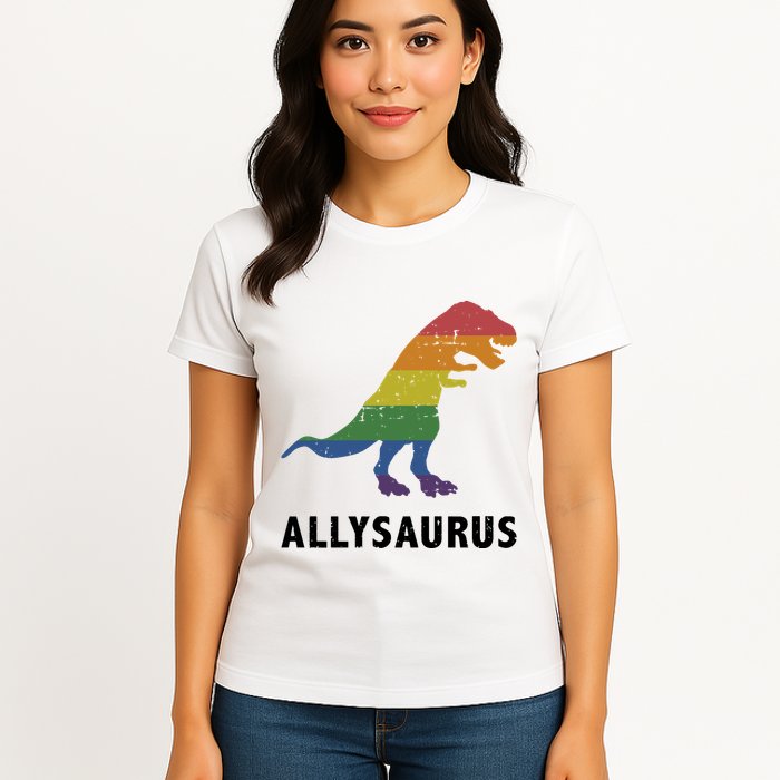 Allysaurus Dinosaur In Rainbow Flag For Ally LGBT Pride Womens T-Shirt