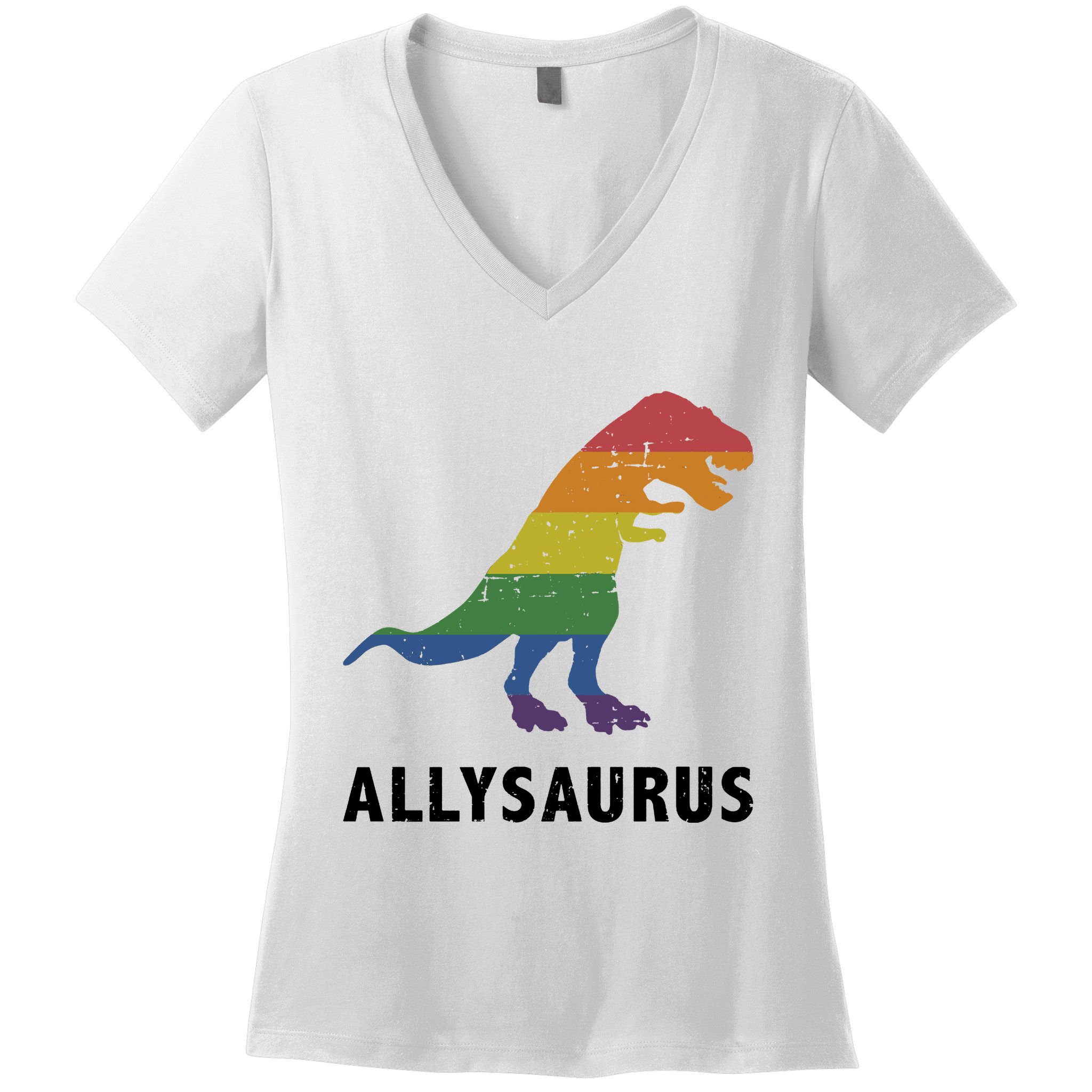 Allysaurus Dinosaur In Rainbow Flag For Ally LGBT Pride Women's V-Neck T-Shirt