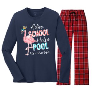 Adios School Hello Pool Teacher Life Flamingo Women's Long Sleeve Flannel Pajama Set 